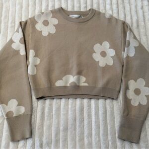 Altar'd State Beige Cropped Knit Floral Sweater XS